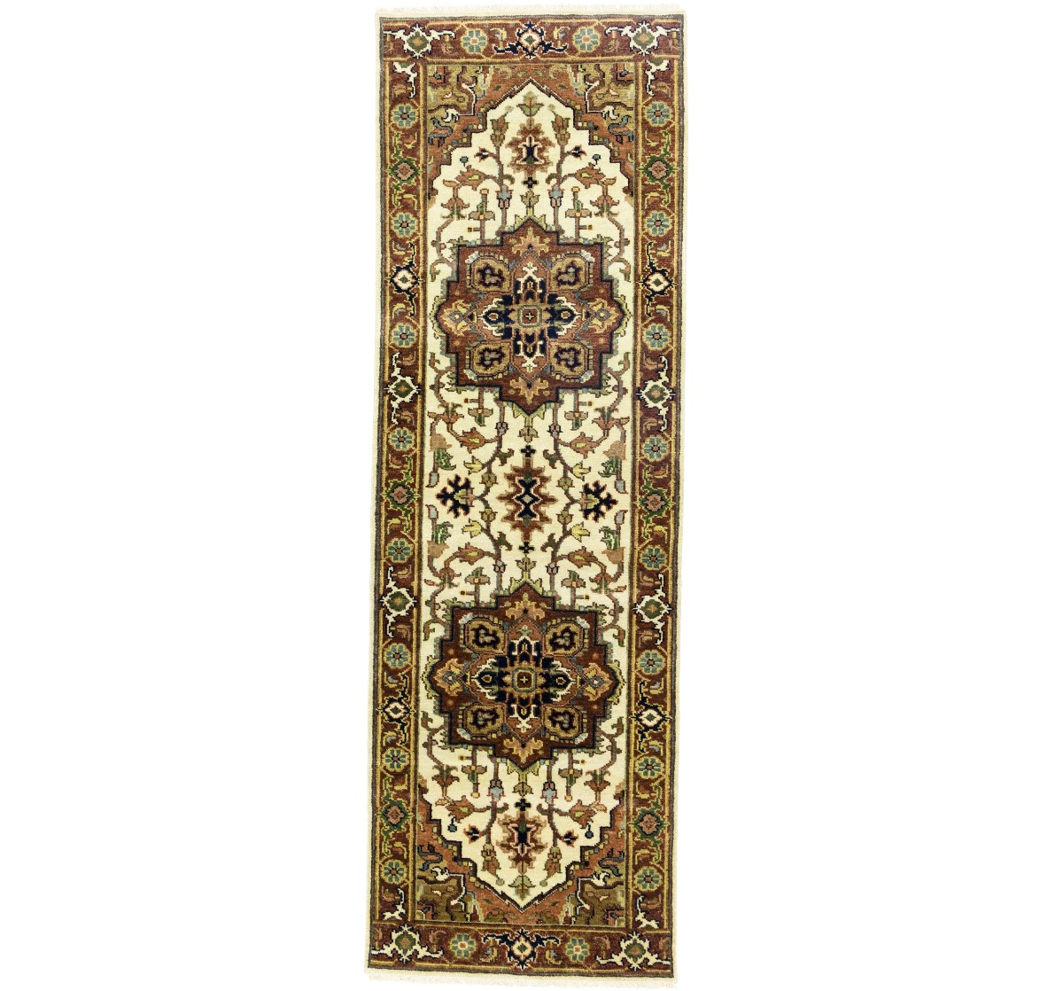 Cream Geometric 3X8 Heriz Serapi Oriental Runner Rug