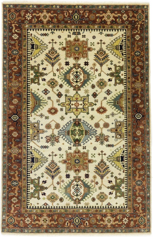 Cream & Rust Tribal Geometric 6X9 Indo-Karajeh Oriental Rug