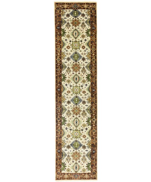 Cream & Rust Tribal Geometric 3X10 Indo-Karajeh Oriental  Runner Rug