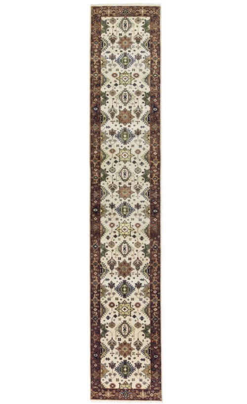 Cream & Rust Tribal Geometric 3X14 Indo-Karajeh Oriental  Runner Rug