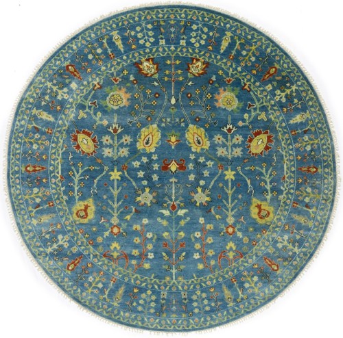 Blue Floral 8X8 Osh Chobi Oriental Round Rug