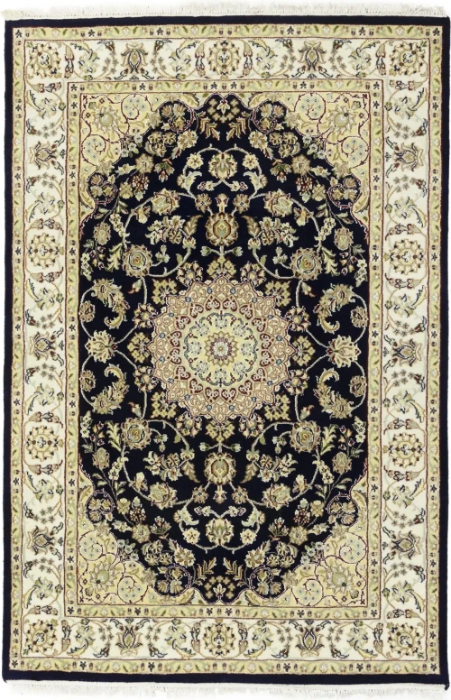 Dark Navy Floral 4X6 Indo-Nain Oriental Rug