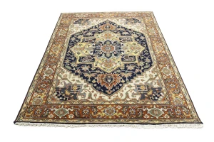 Dark Navy Floral 8X10 Heriz Serapi Oriental Rug