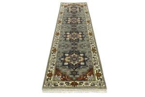 Gray Floral 2'7X10'2 Heriz Serapi Oriental Runner Rug