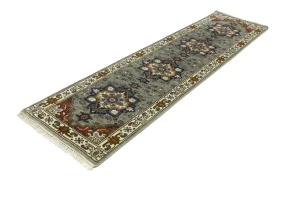 Gray Floral 2'7X10'2 Heriz Serapi Oriental Runner Rug
