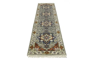 Gray Floral 2'7X10'2 Heriz Serapi Oriental Runner Rug