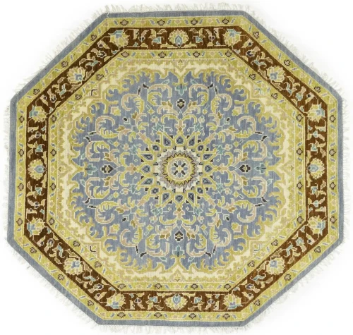 Blue-gray Floral 6X6 Traditional Oushak Oriental Octagon Rug