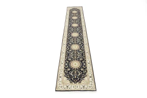 Dark Navy Floral 3X14 Indo-Nain Oriental Runner Rug