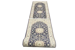 Dark Navy Floral 3X14 Indo-Nain Oriental Runner Rug