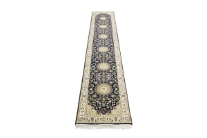 Dark Navy Floral 3X14 Indo-Nain Oriental Runner Rug