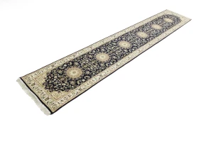 Dark Navy Floral 3X14 Indo-Nain Oriental Runner Rug