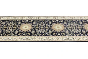 Dark Navy Floral 3X14 Indo-Nain Oriental Runner Rug