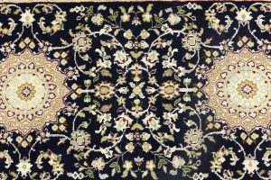 Dark Navy Floral 3X14 Indo-Nain Oriental Runner Rug