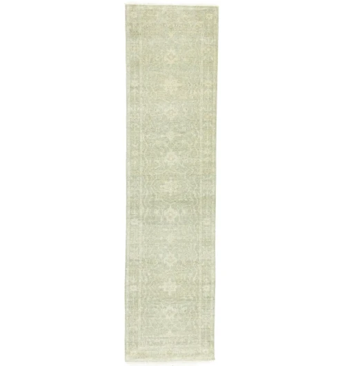 Muted Green Floral 3X10 Transitional Oriental Runner Rug