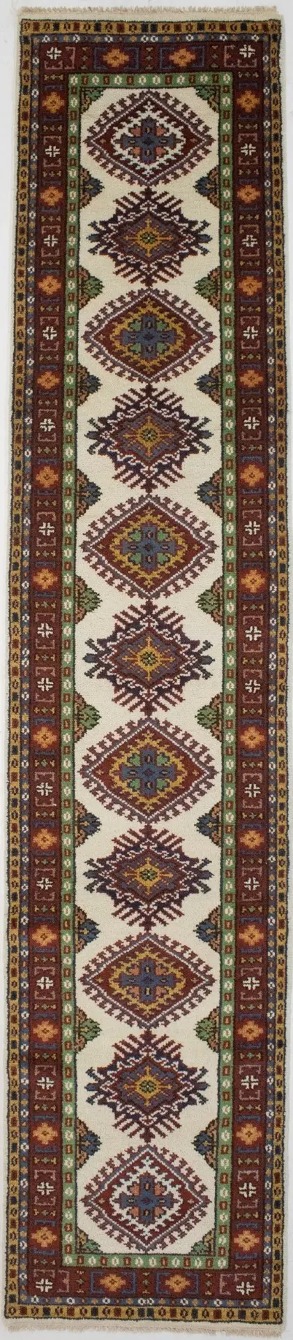 Ivory Geometric 3X12 Kazak Oriental Runner Rug