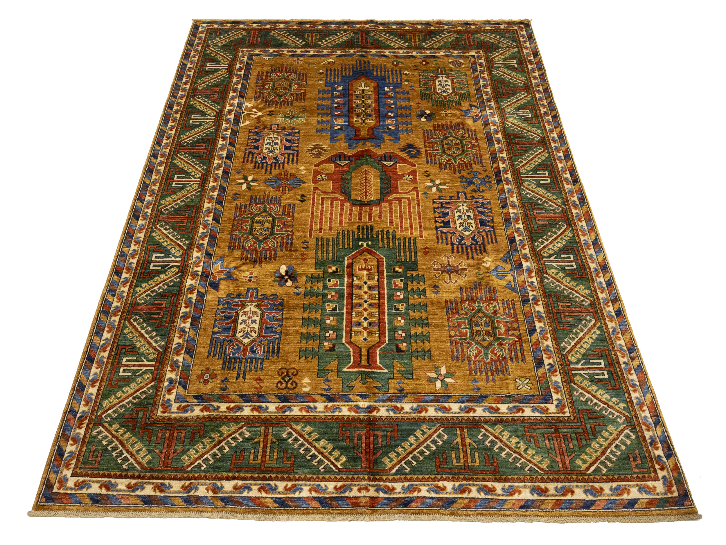 Gold Geometric Tribal 7X10 Afghan Herati Oriental Rug