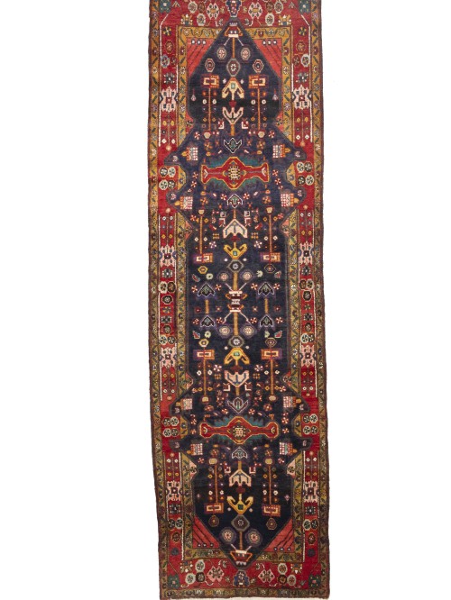 Vintage Purple-navy Floral 3'7X12'8 Hamedan Persian Runner Rug