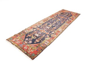 Vintage Purple-navy Floral 3'7X12'8 Hamedan Persian Runner Rug