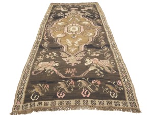 Brown Geometric Reversible 6X14'6 Kilim Oriental Rug