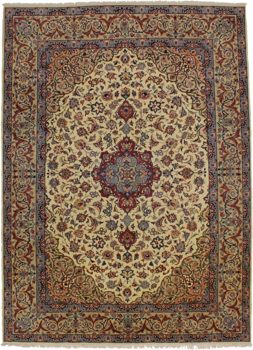 Vintage Cream Traditional 9X12 Isfahan Persian Rug