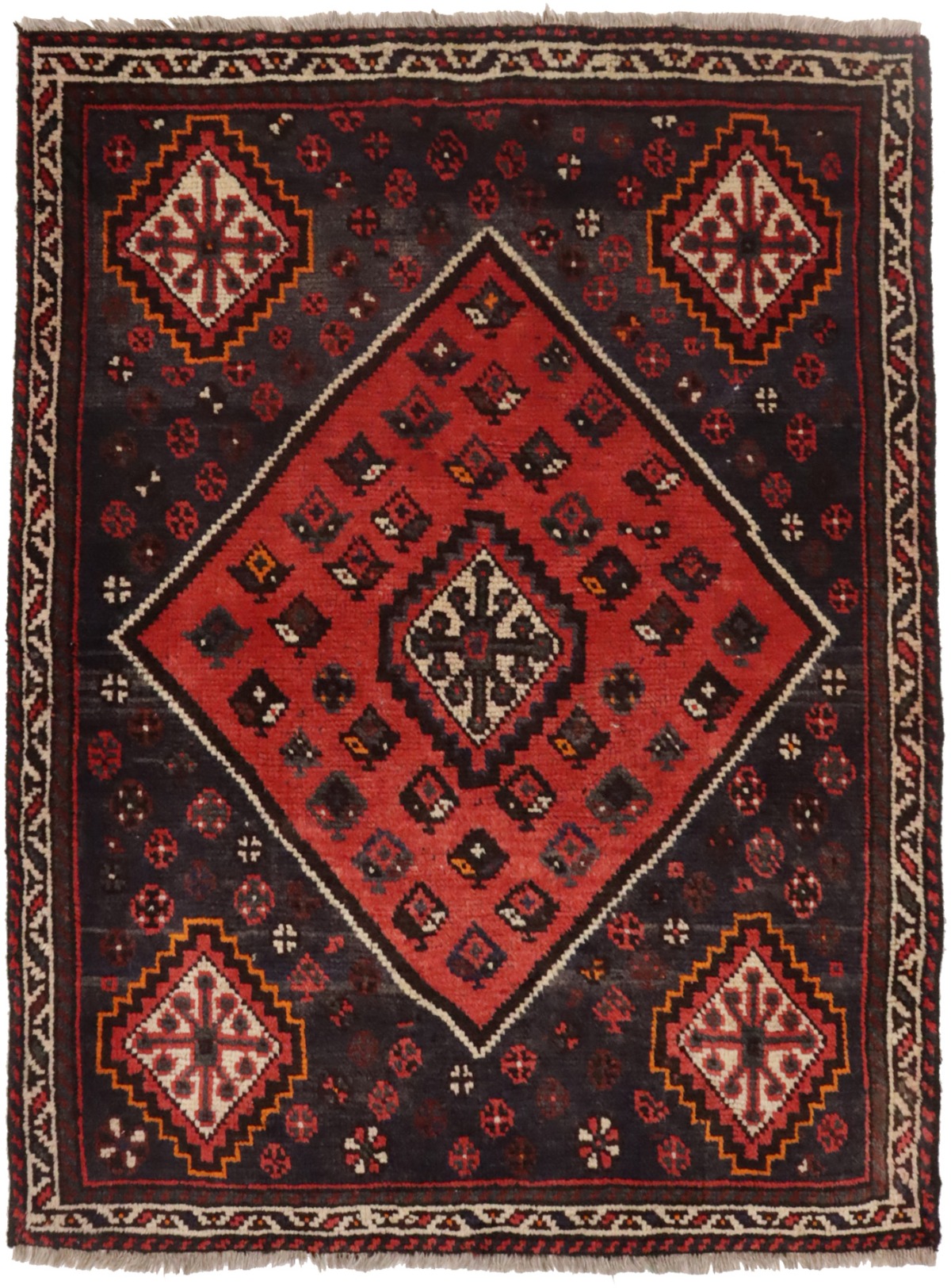 Vintage Orange-red Tribal 4X5 Shiraz Persian Rug