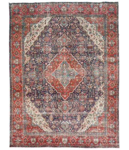 Antique Muted Floral Purple-navy 10X13 Distressed Vintage Oriental Rug