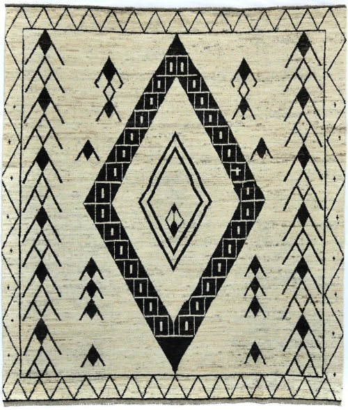 Cream & Black Tribal Modern 8'5X9'8 Moroccan Style Oriental Rug