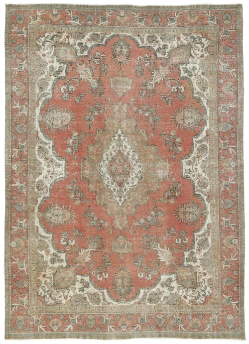 Semi Antique Muted Red Floral 9X12 Distressed Vintage Oriental Rug