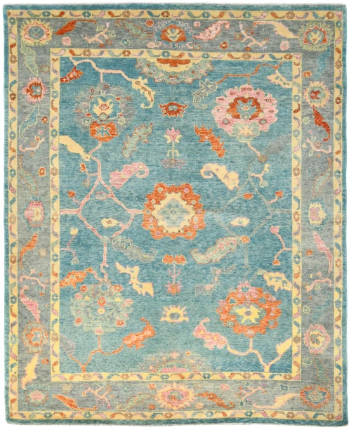 Muted Blue Floral 8X10 Oushak Chobi Oriental Rug