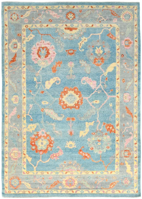 Muted Blue Floral Transitional 10X14 Oushak Oriental Rug