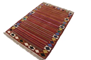 Red Tribal Stripes & Border 4X6 Gabbeh Persian Rug