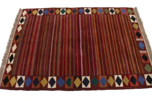 Red Tribal Stripes & Border 4X6 Gabbeh Persian Rug