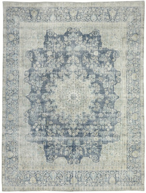 Antique Muted Navy Floral 9'5X12'9 Distressed Vintage Oriental Rug