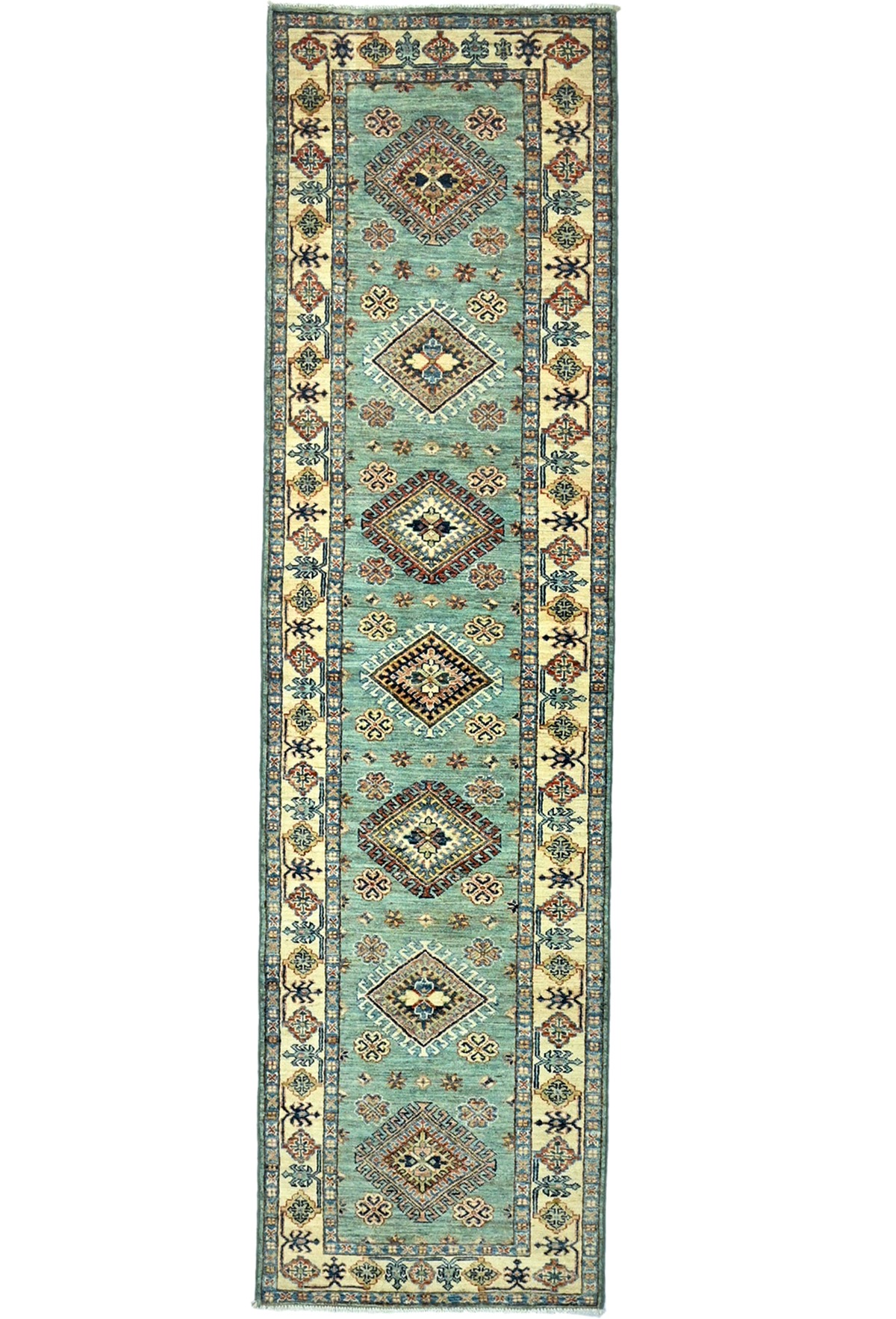 Aqua Tribal Geometric 2'7X9'4 Kazak Pakistan Oriental Runner Rug