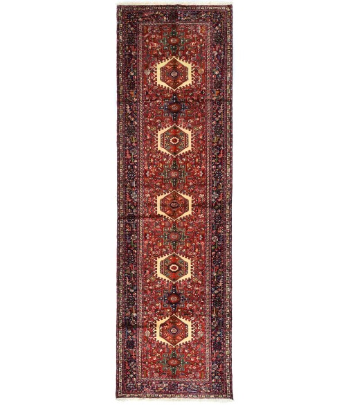 Vintage Red Geometric 4X13 Karajeh Persian Runner Rug