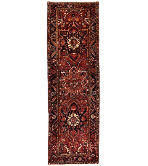 Semi Antique Rusty Red Geometric 4X12 Heriz Persian Runner Rug