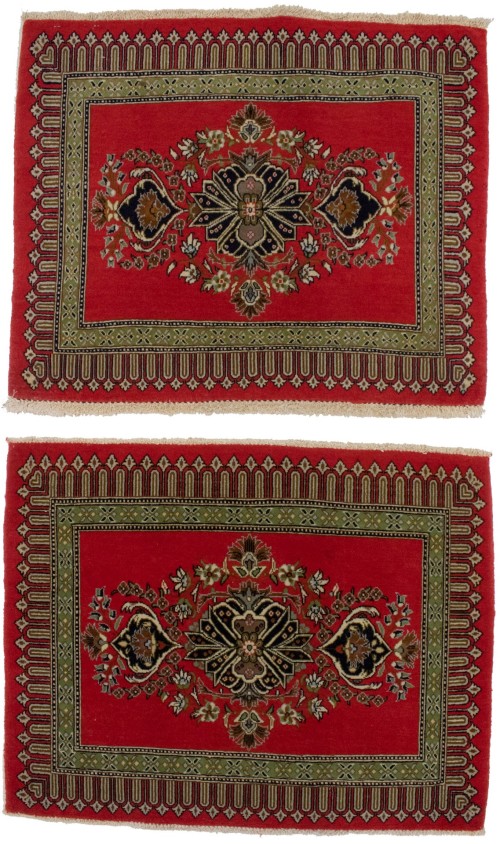 Pair of Small Vintage Coral Red Floral 2X3 Kashan Persian Rug