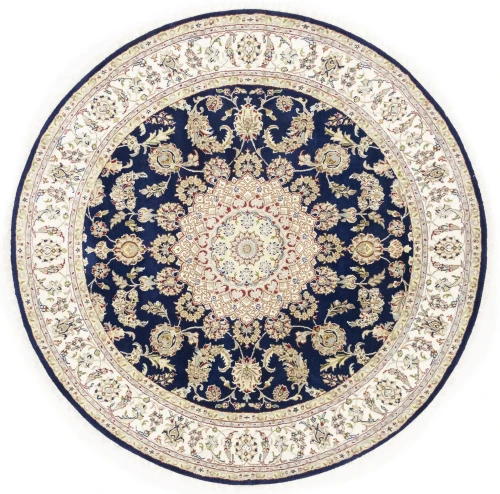 Dark Navy Floral 6X6 Indo-Nain Oriental Round Rug