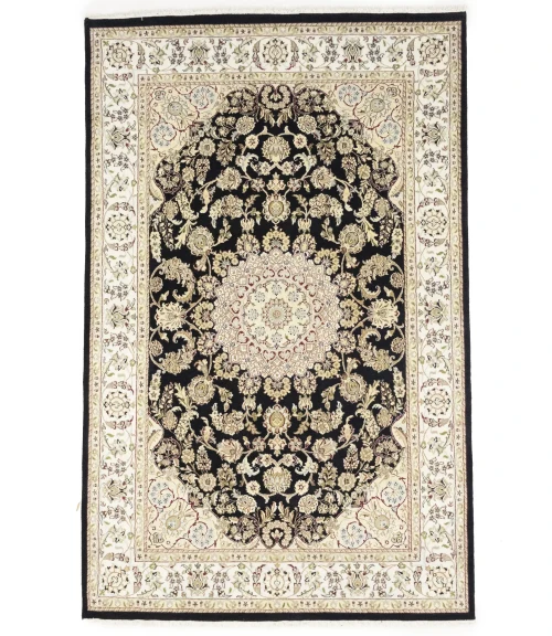 Black Floral Traditional 6X9 Indo-Nain Oriental Rug