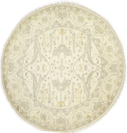 Muted Cream Floral Traditional 9X9 Oushak Oriental Round Rug