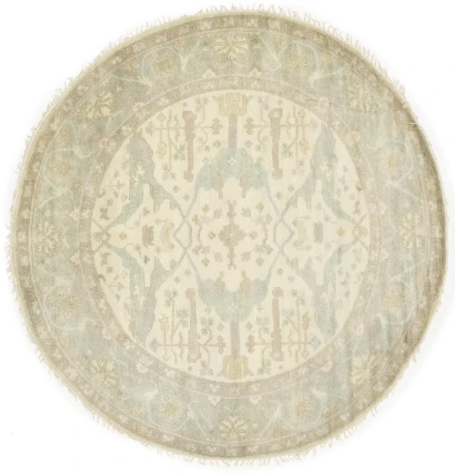 Muted Cream Floral Traditional 8X8 Oushak Chobi Oriental Round Rug