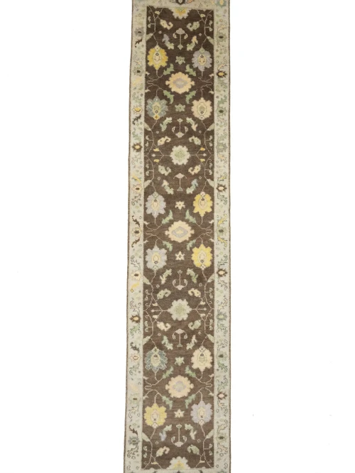 Muted Brown Floral 3X12 Traditional Oushak Chobi Oriental Runner Rug