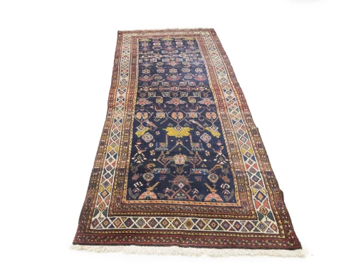 Semi Antique Purple-navy Floral 4X10 Hamedan Persian Runner Rug